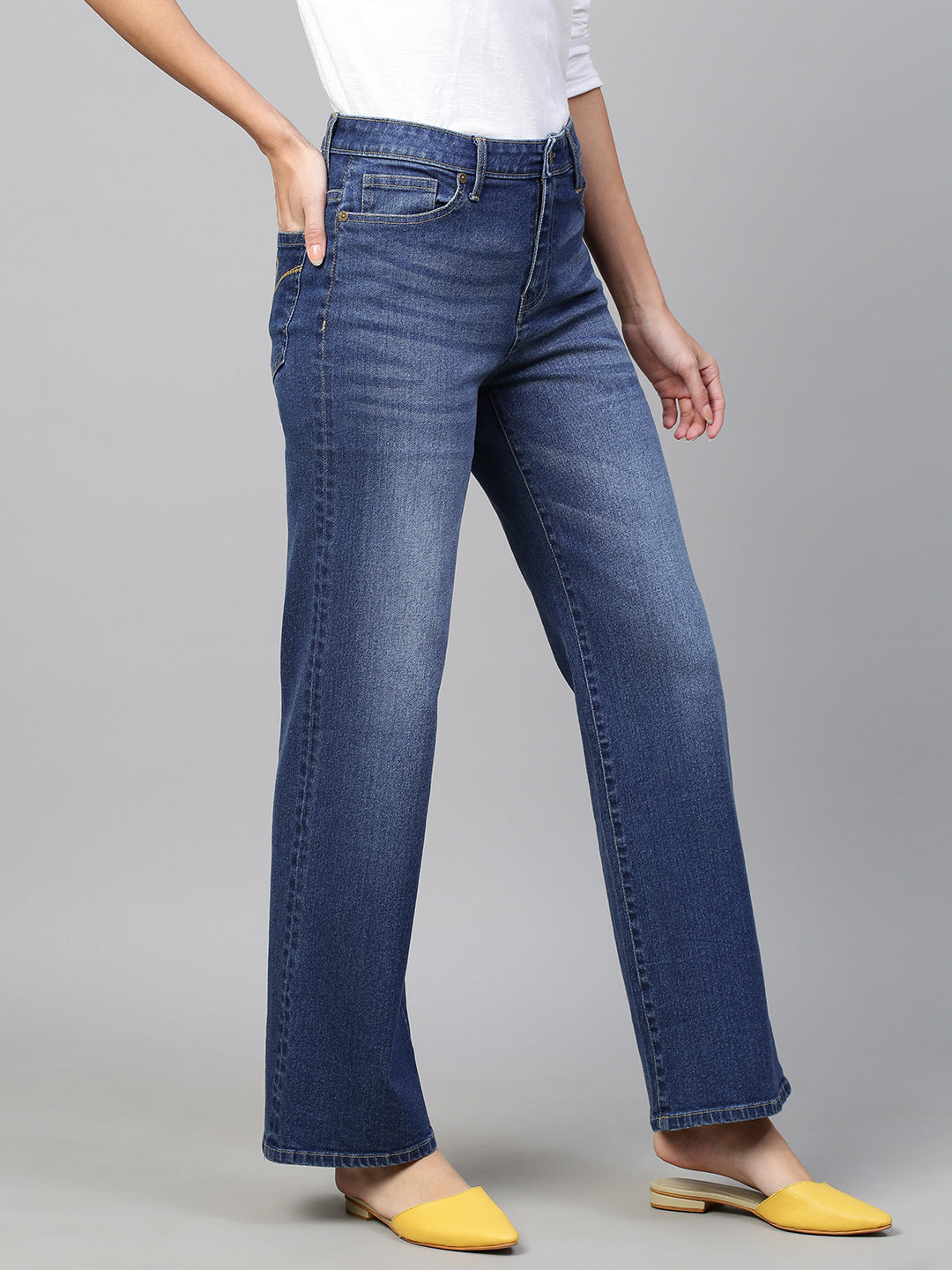 Mid Rise Wide Leg Mid Wash Jeans