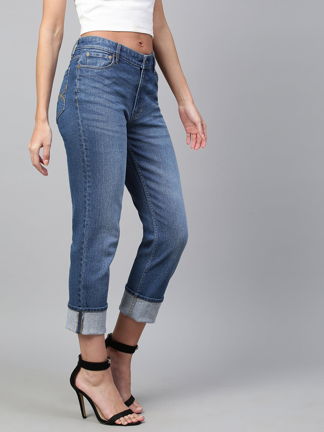 Mid Rise Mid Wash Boyfriend Jeans With Upturned Cuff