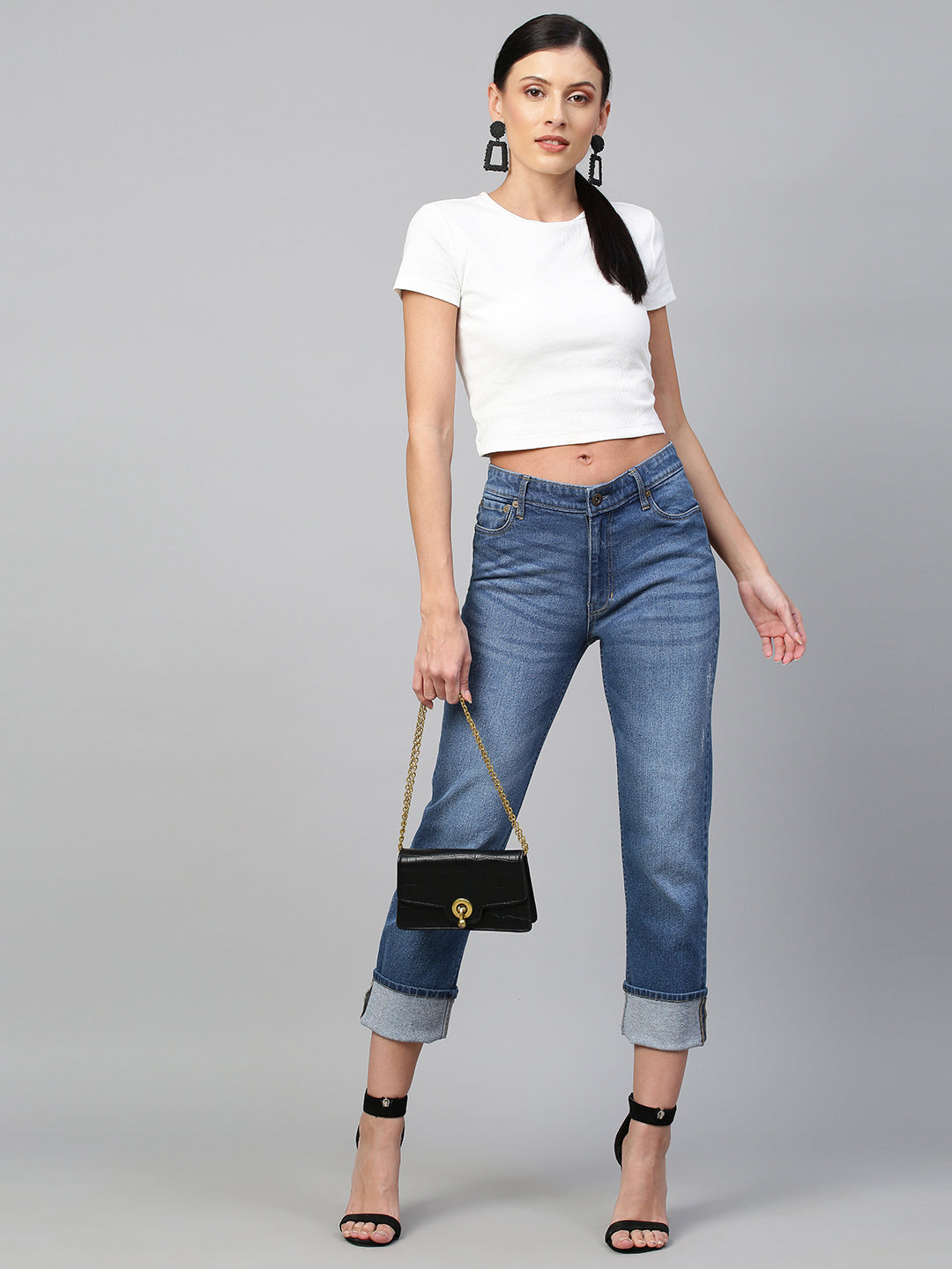 Mid Rise Mid Wash Boyfriend Jeans With Upturned Cuff