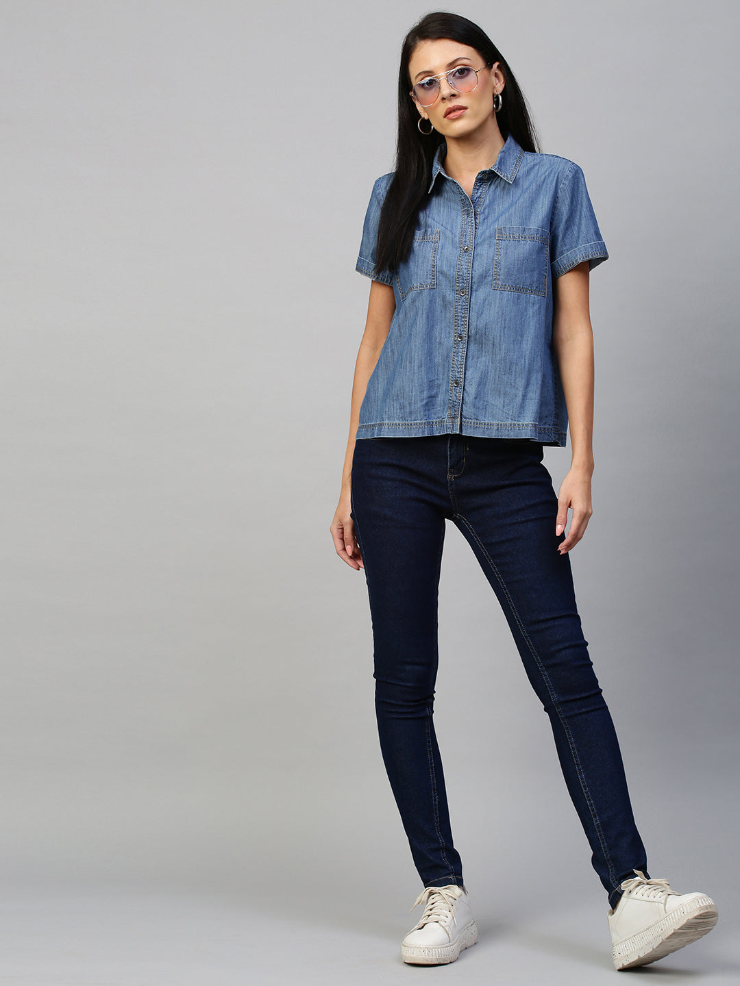 Mid Wash Blue, Light Weight Denim Short Sleeved Crop Shirt With Contrast Detailing