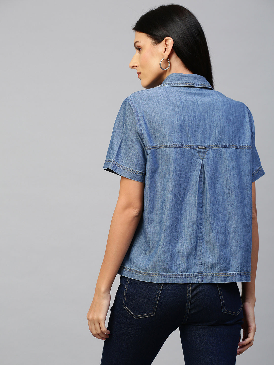 Mid Wash Blue, Light Weight Denim Short Sleeved Crop Shirt With Contrast Detailing