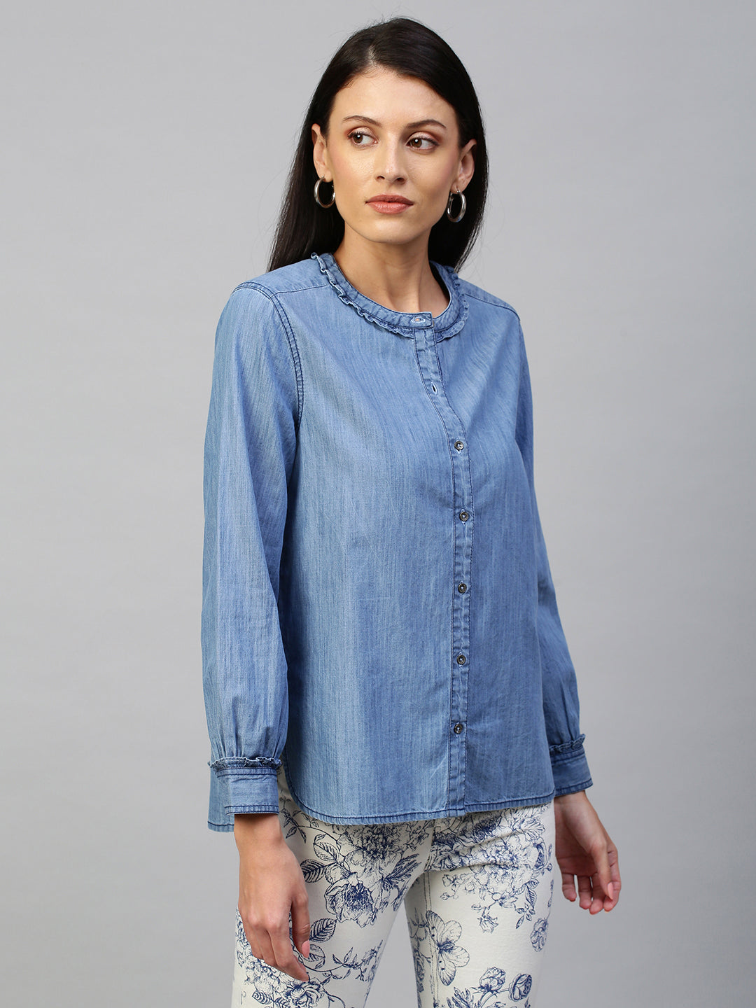 Mid Wash Blue, Light Weight Denim Full Sleeved Shirt With Frill Detailing Around Collar & Cuff