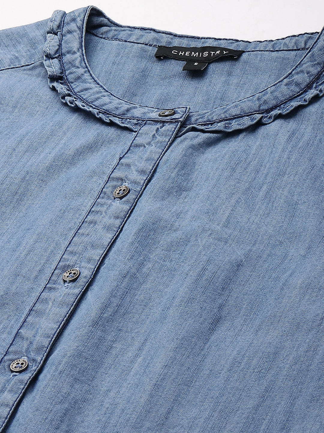 Mid Wash Blue, Light Weight Denim Full Sleeved Shirt With Frill Detailing Around Collar & Cuff