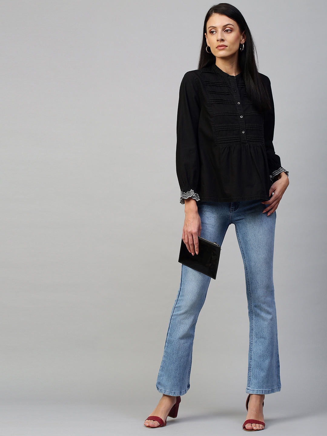 Black Denim Pleated Yoke  Top With Schiffli Embroidered Sleeves