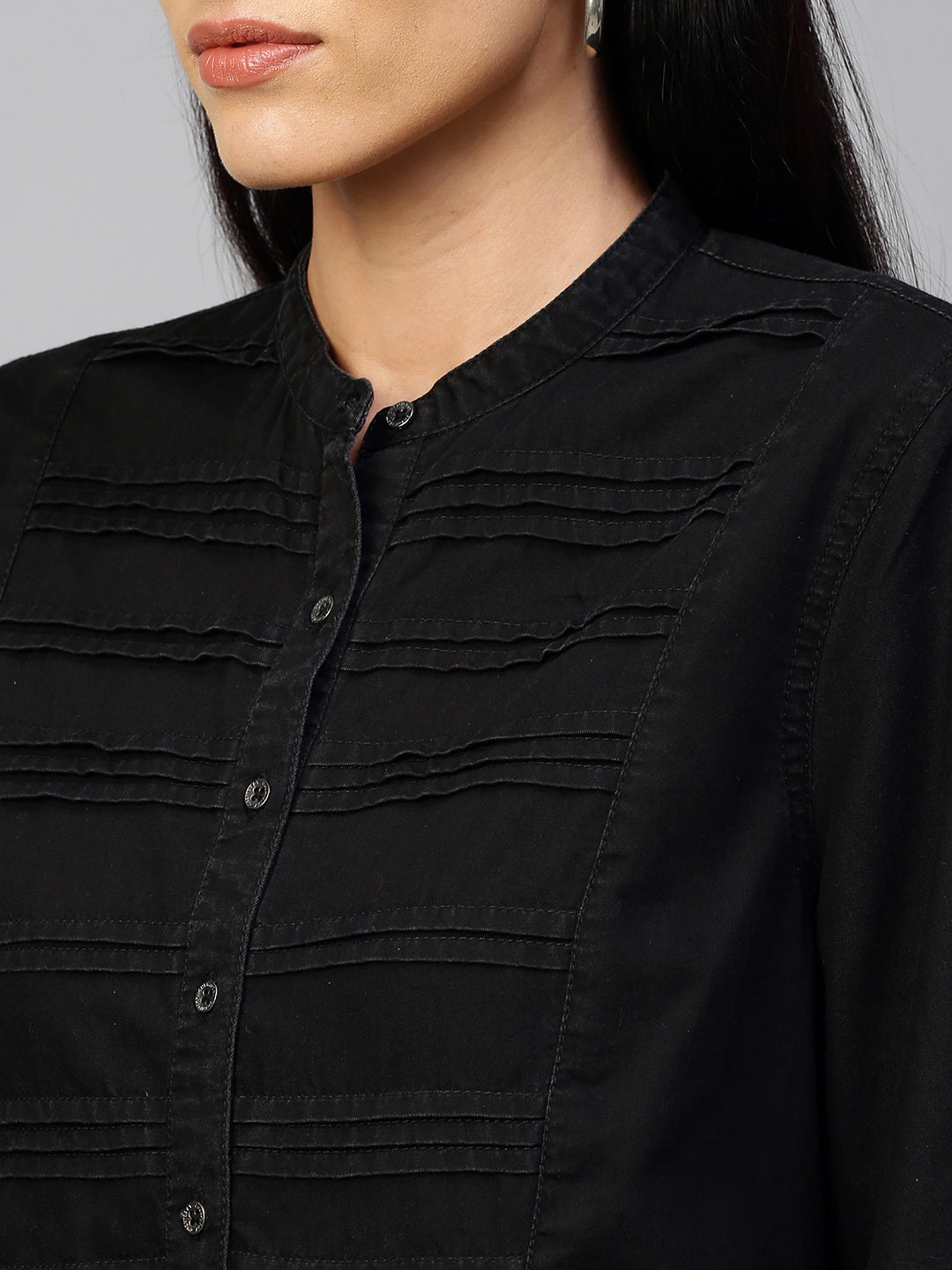 Black Denim Pleated Yoke  Top With Schiffli Embroidered Sleeves