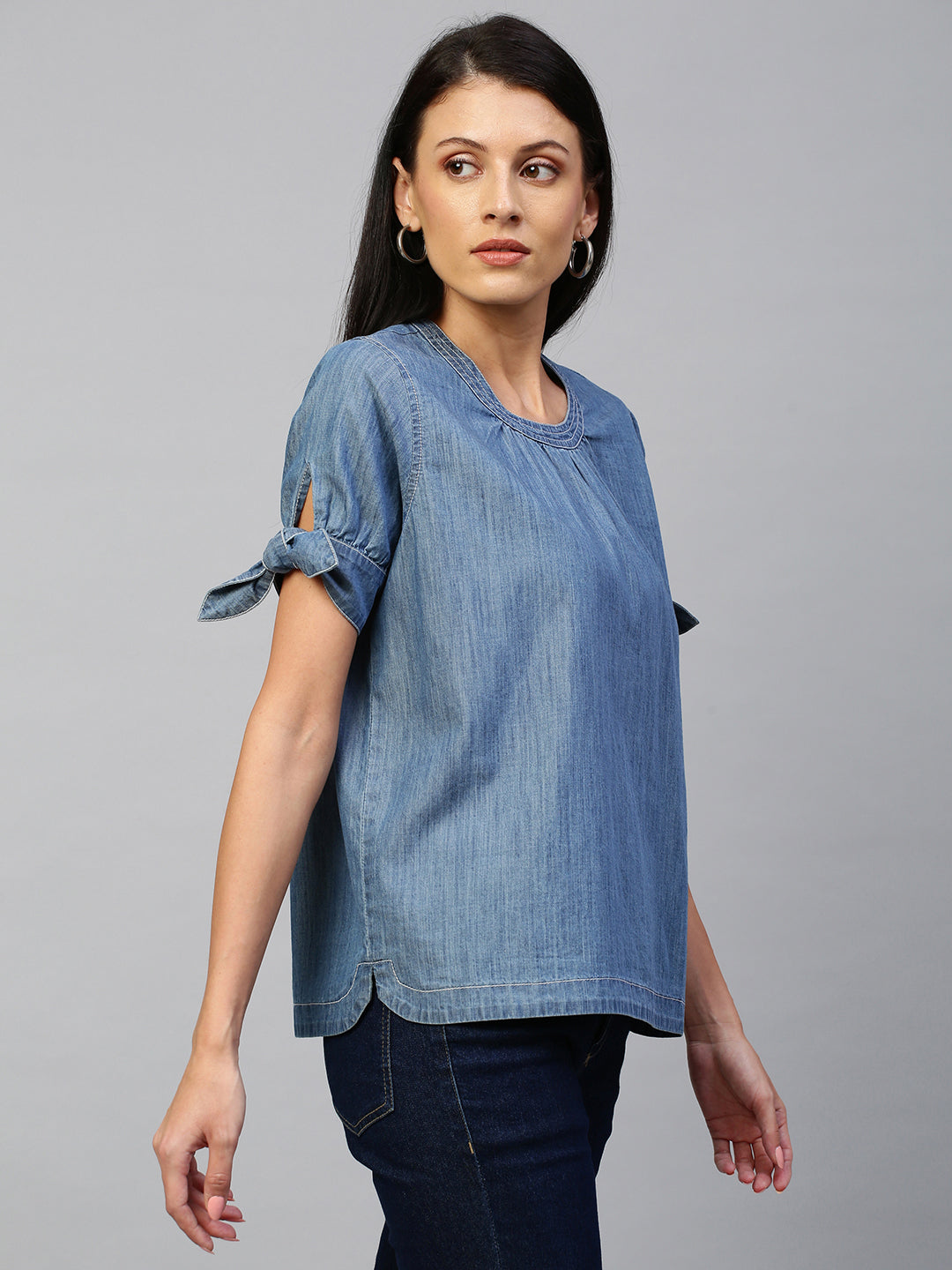 Mid Wash Blue, Light Weight Denim Box Top With Tie Up Sleeve Detailing