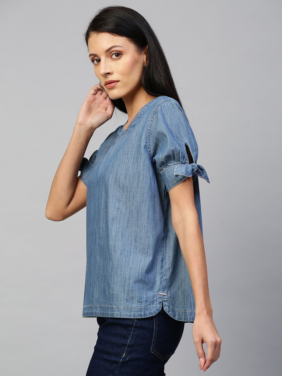 Mid Wash Blue, Light Weight Denim Box Top With Tie Up Sleeve Detailing