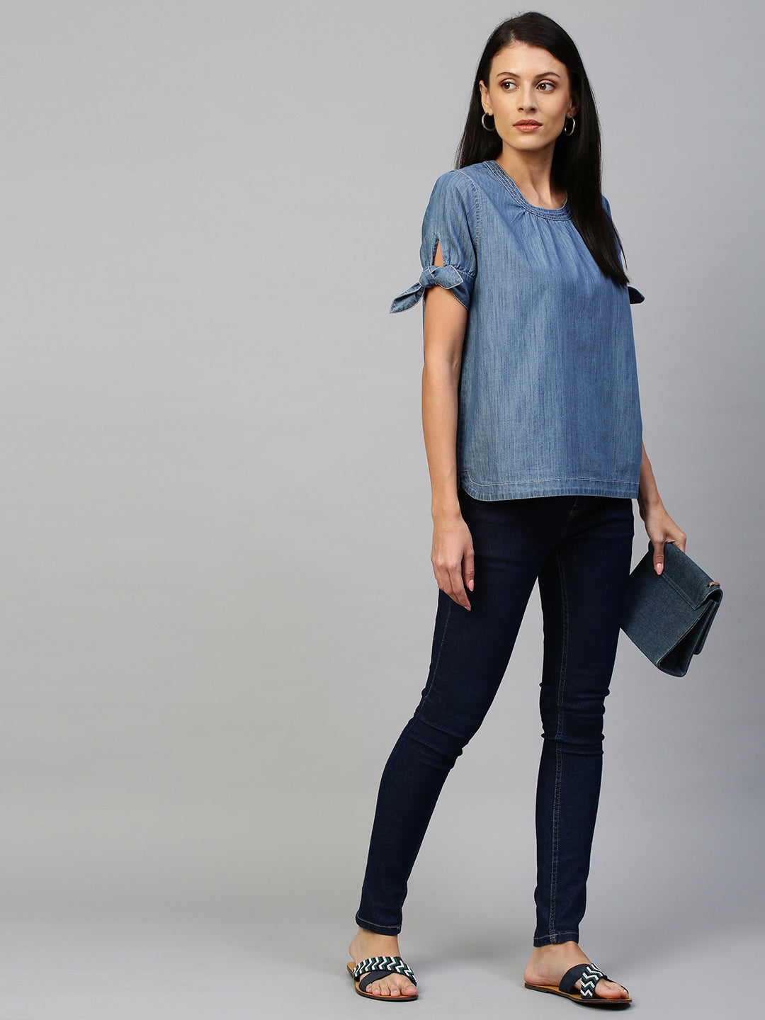 Mid Wash Blue, Light Weight Denim Box Top With Tie Up Sleeve Detailing