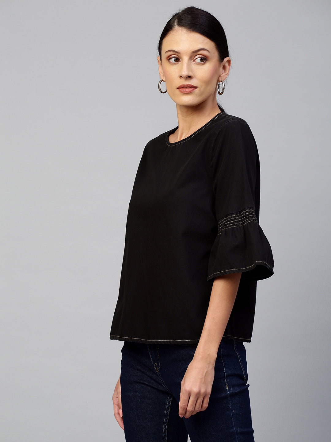 Black Light Weight Denim Square Top With Smocking On Sleeves