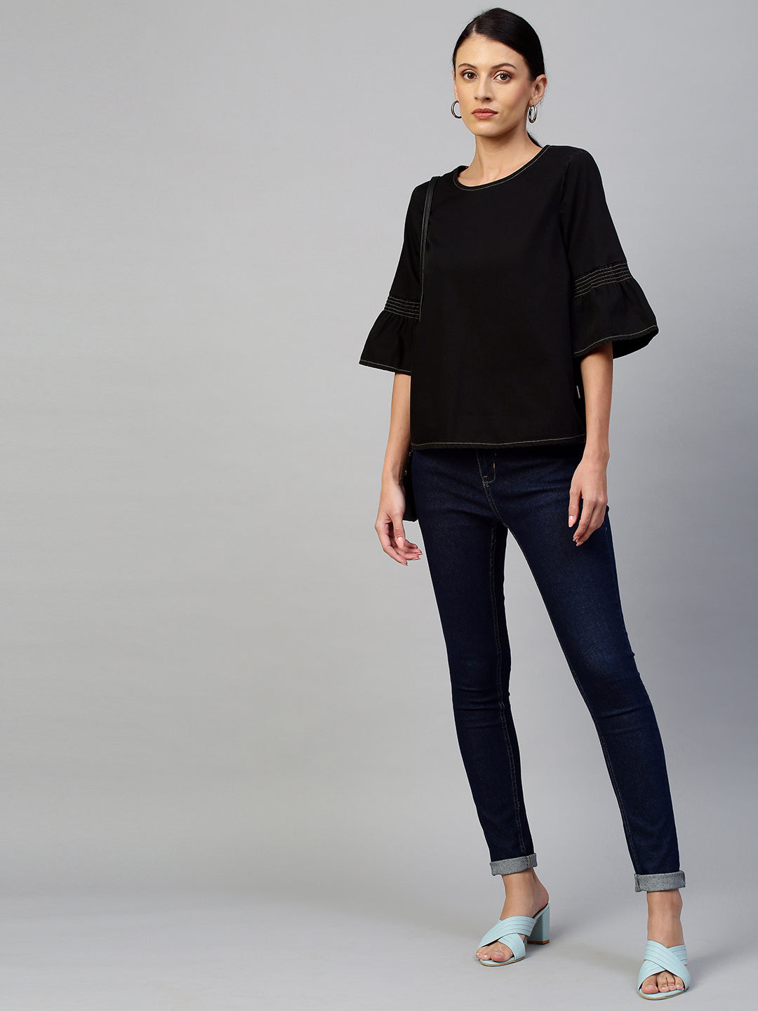 Black Light Weight Denim Square Top With Smocking On Sleeves
