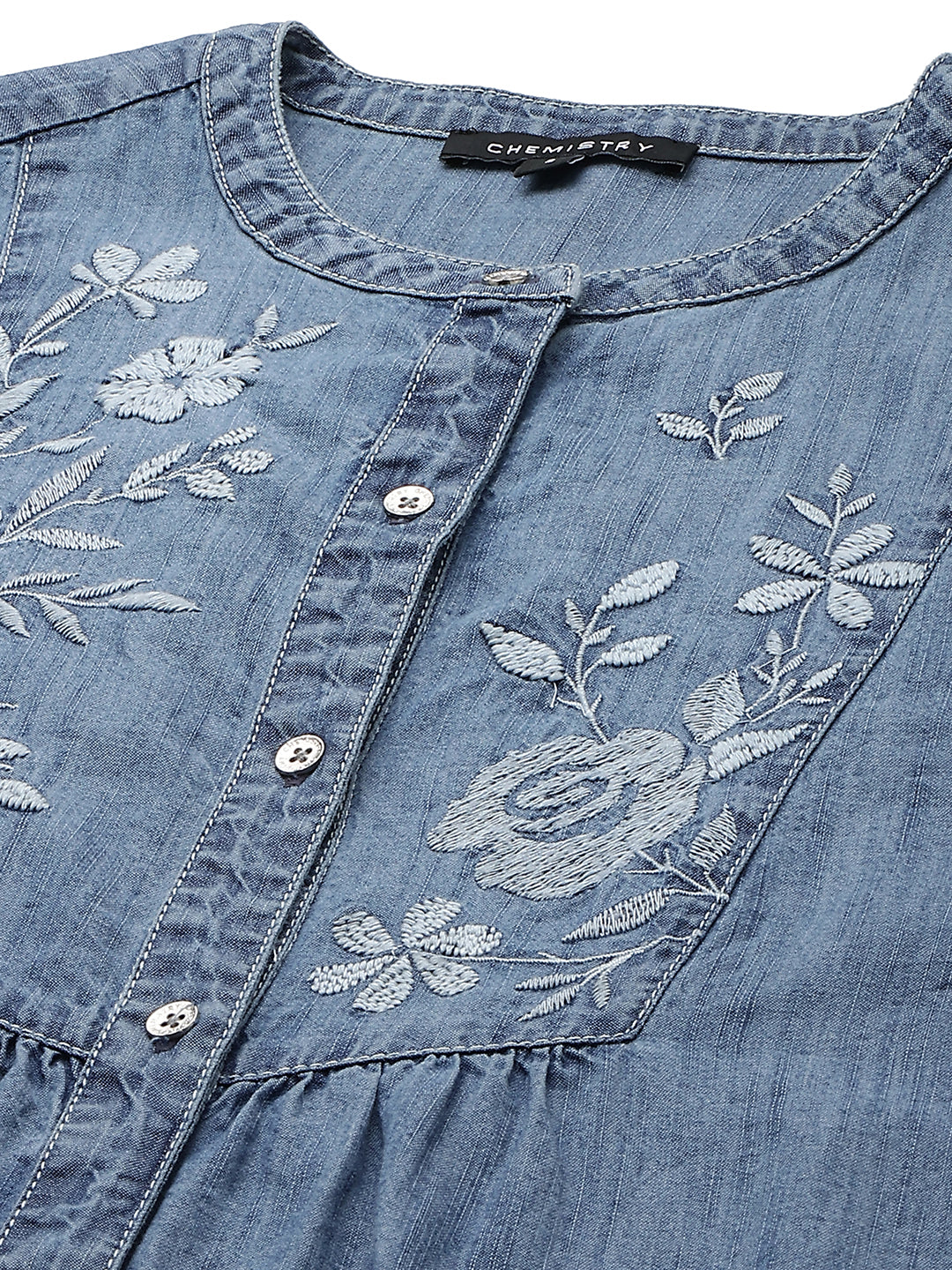 Mid Wash, Light Weight Denim Longline Shirt With Embroidered Yoke