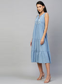 Light Weight Denim Tiered Dress With Embroidered Yoke