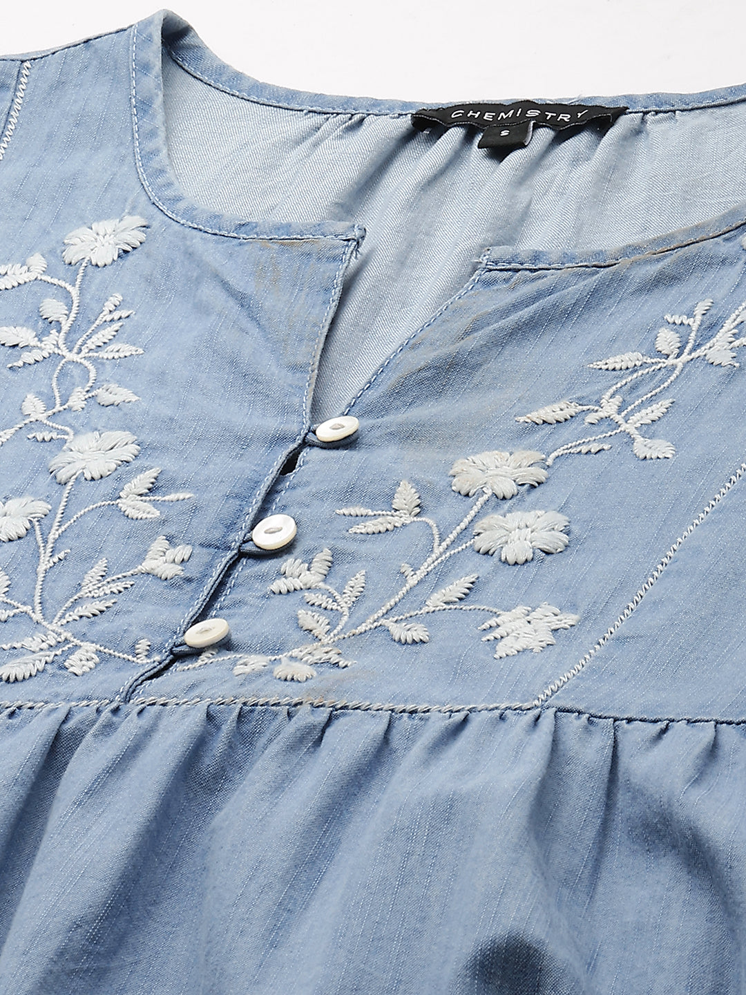 Light Weight Denim Tiered Dress With Embroidered Yoke