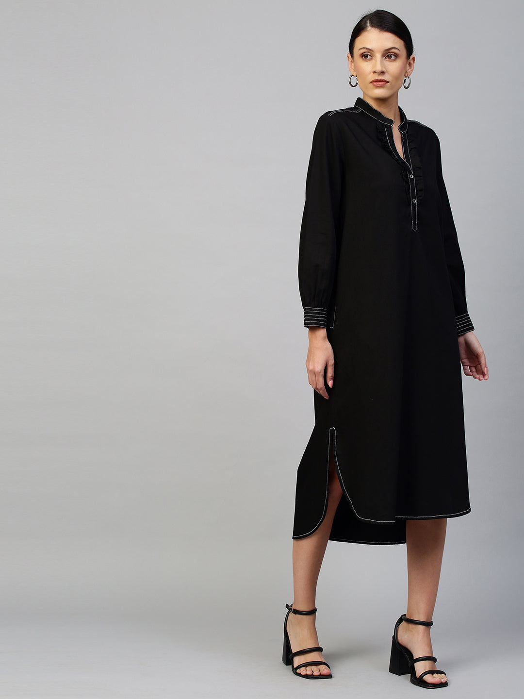 Black Light Weight Denim Longline Shirt Dress With Contrast Sewing