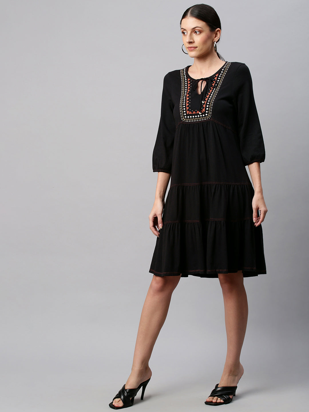 Embroidered Jersey Tiered Dress