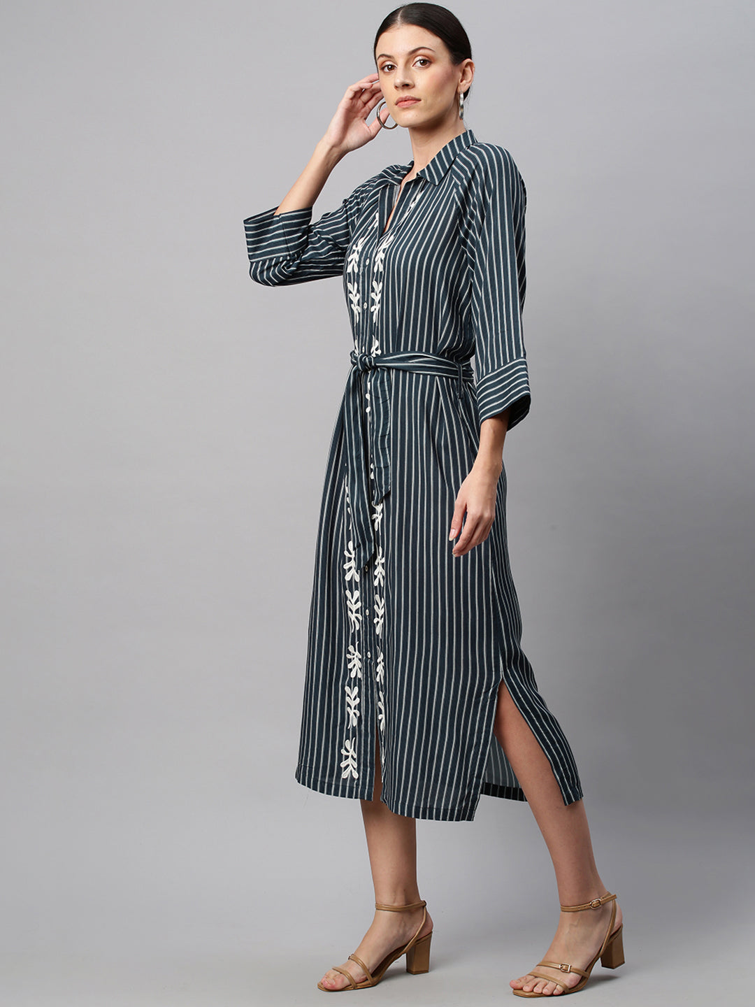 Printed Stripe Rayon Embroidered Raglan Sleeve Shirt Dress