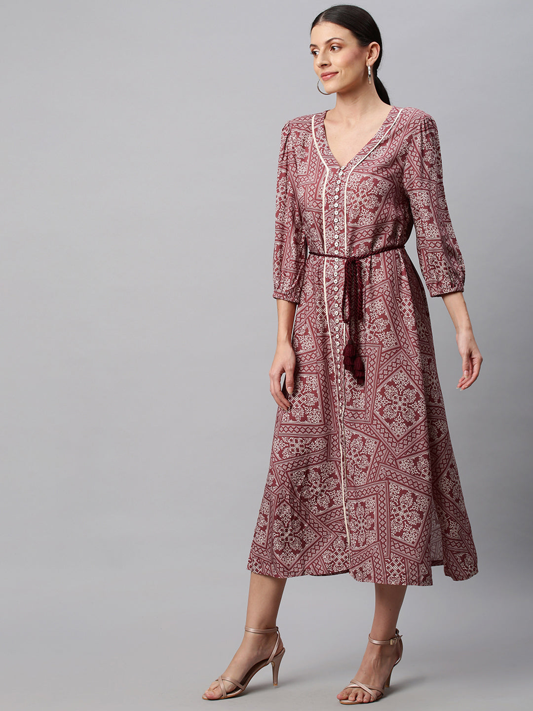 Rayon Printed Button Down 'A' - Line Shirt Dress With Braided Belt