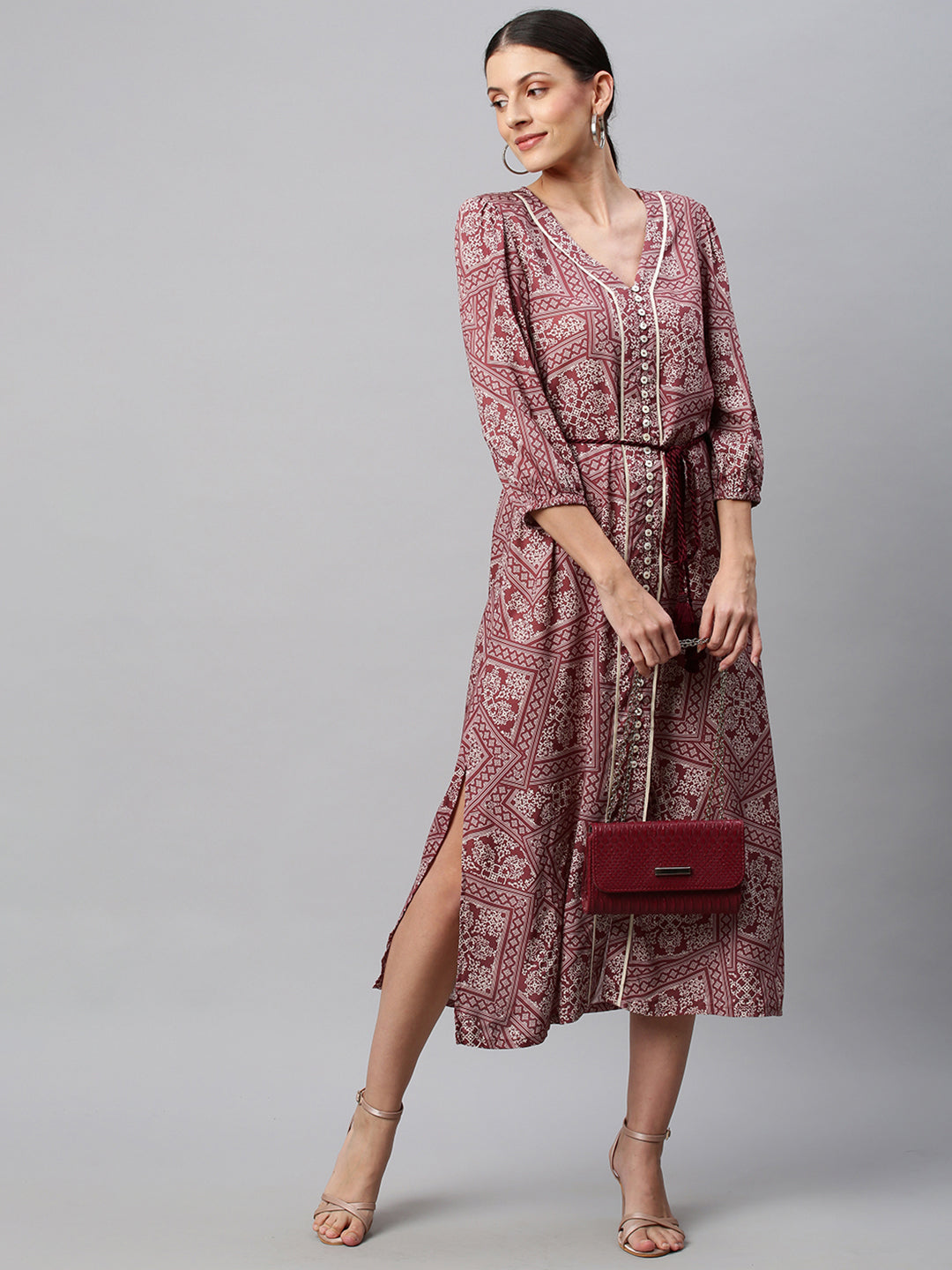 Rayon Printed Button Down 'A' - Line Shirt Dress With Braided Belt