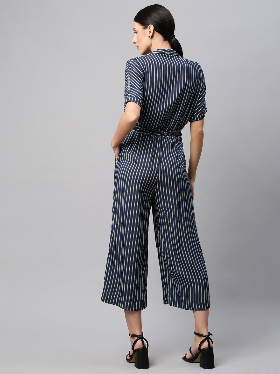 Striped Rayon Embroidered Jumpsuit