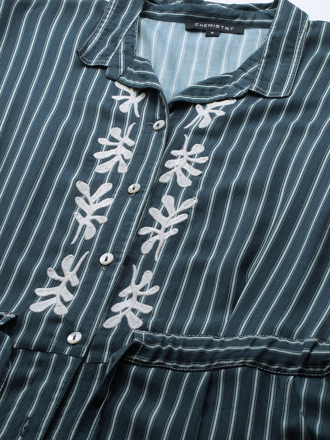 Printed Stripe Rayon Embroidered Raglan Sleeve Shirt Dress