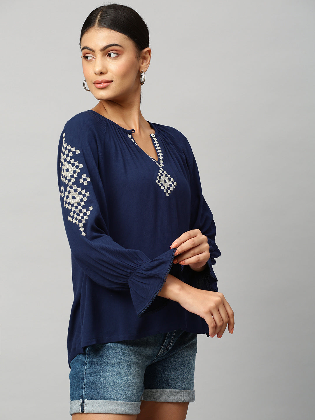 Crinkle Rayon Embroidered Tunic Top