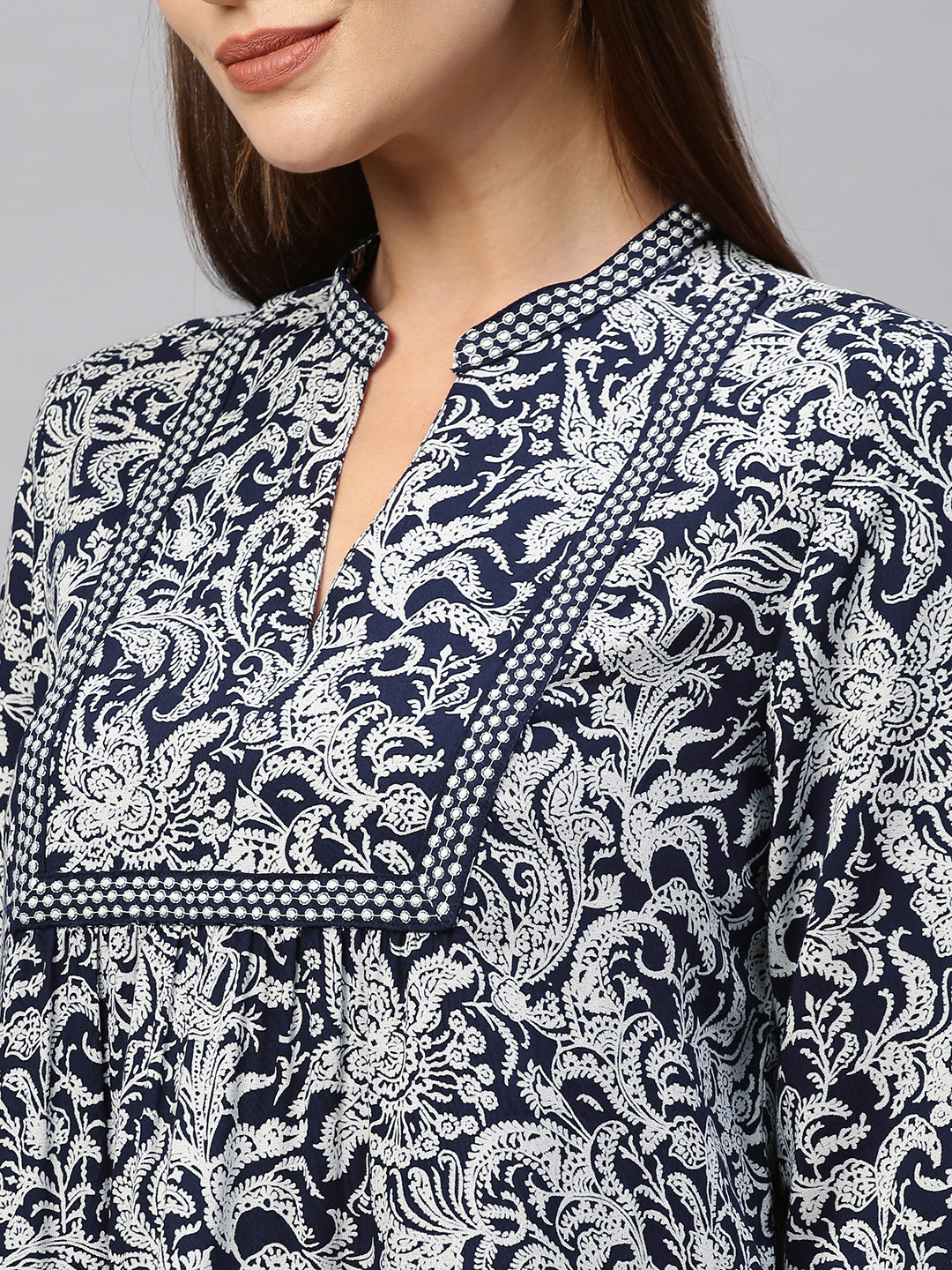 Paisley Printed Rayon Tunic Top With Embroidery Detailing
