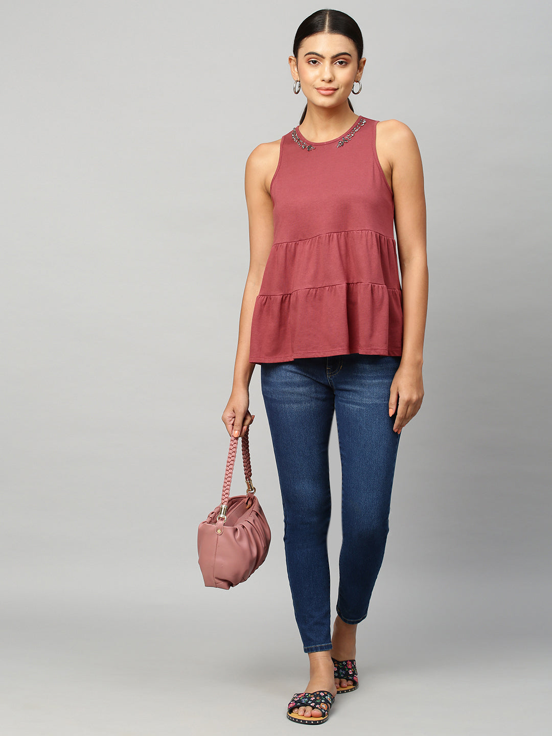 Cotton Modal Embellished Tiered Top
