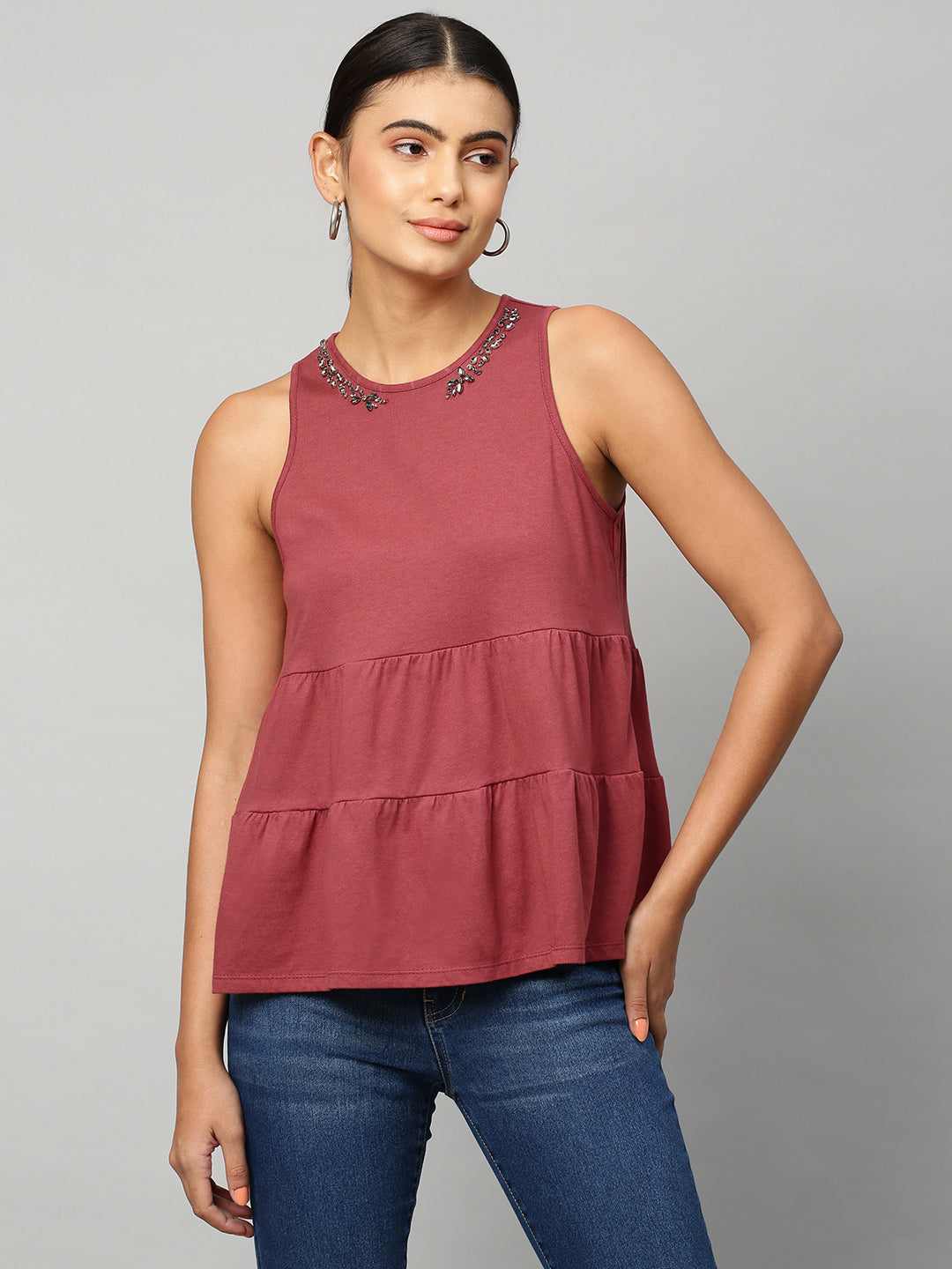 Cotton Modal Embellished Tiered Top