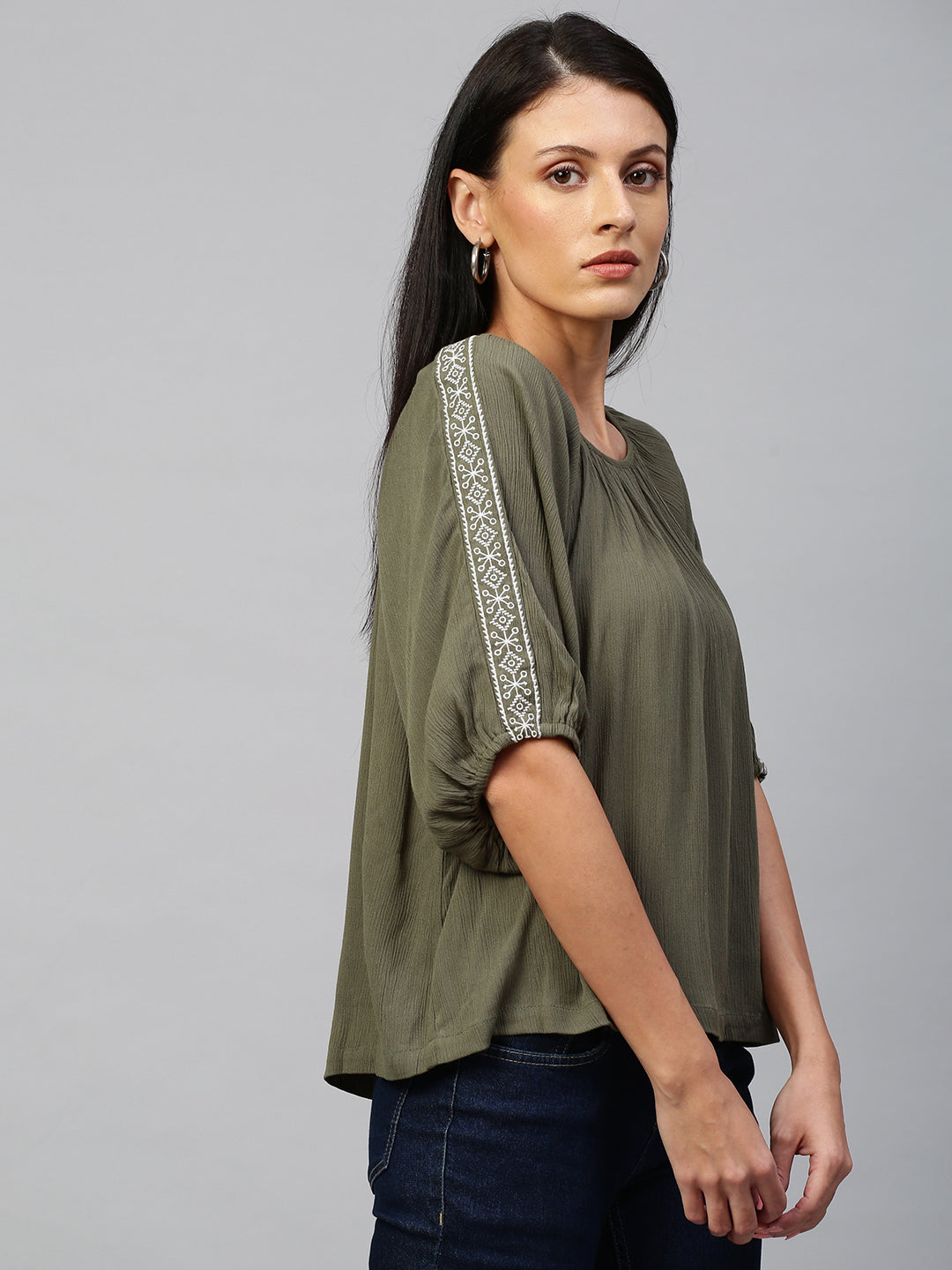 Crinkle Rayon Scoop Neck Top With Embroidered Gathered Sleeves