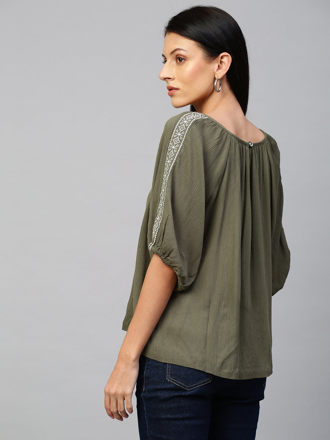 Crinkle Rayon Scoop Neck Top With Embroidered Gathered Sleeves