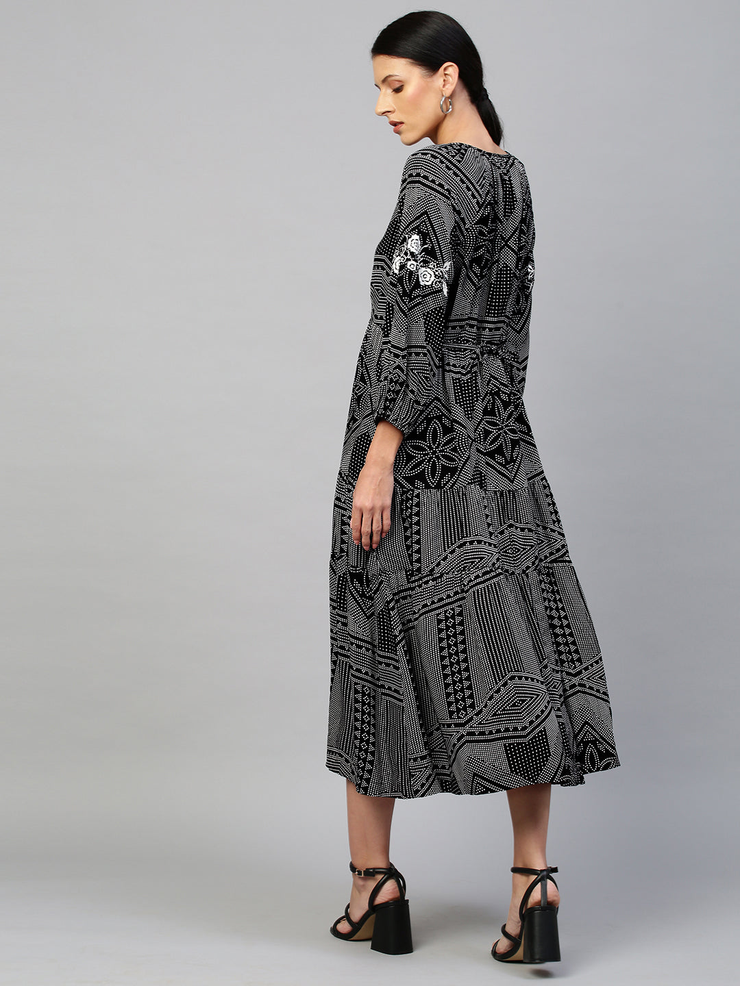 Graphic Printed Rayon Tiered Dress With Contrast Embroidery