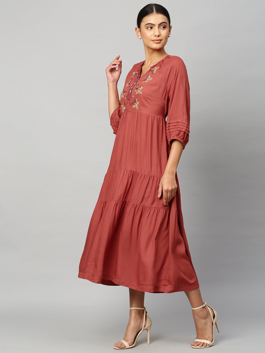 Rayon Dobby Embroidered Tiered Dress