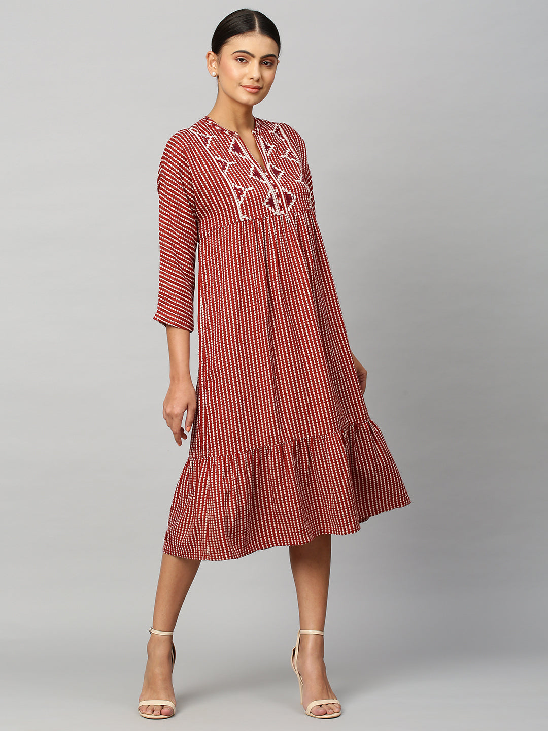 Printed Rayon Doleman Sleeve Embroidered Tiered Dress