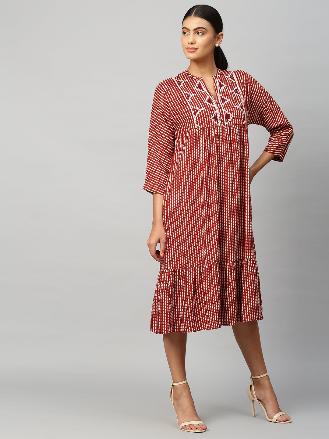 Printed Rayon Doleman Sleeve Embroidered Tiered Dress