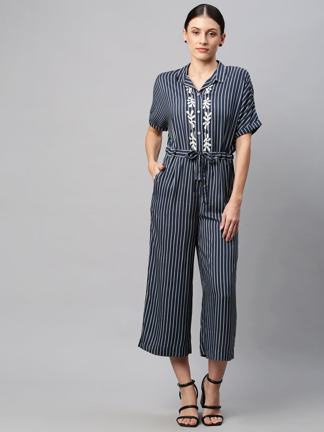 Striped Rayon Embroidered Jumpsuit