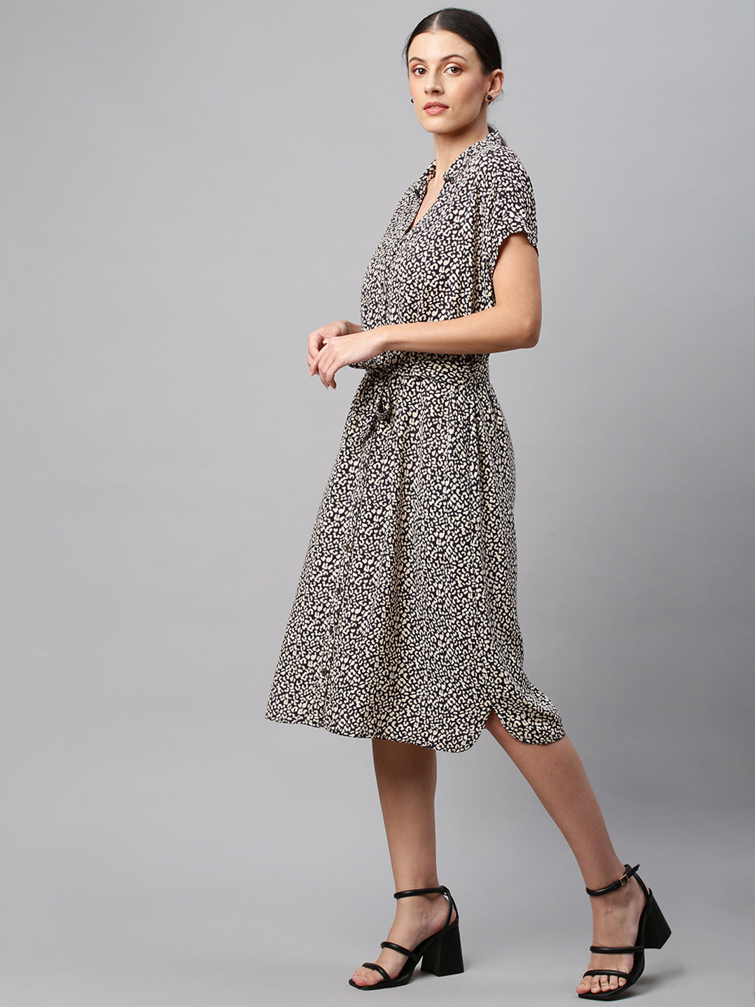 Leopard Print, Embellished Collar Rayon Shirt Dress
