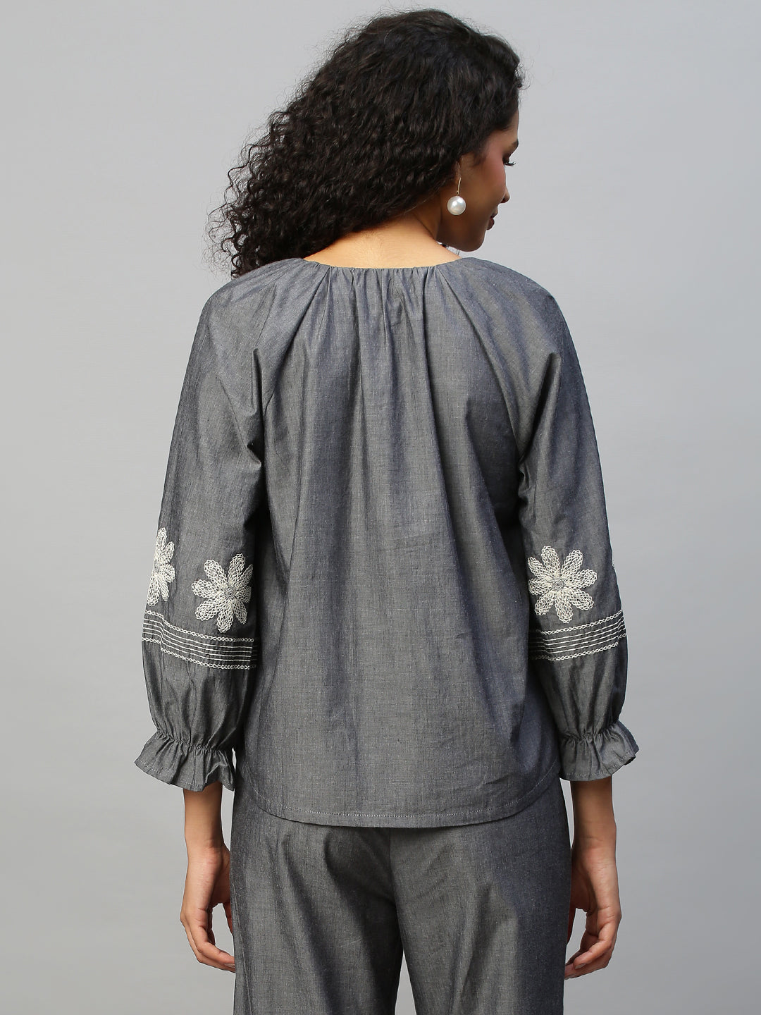 Charocoal Chambray Embroidered Tunic Top