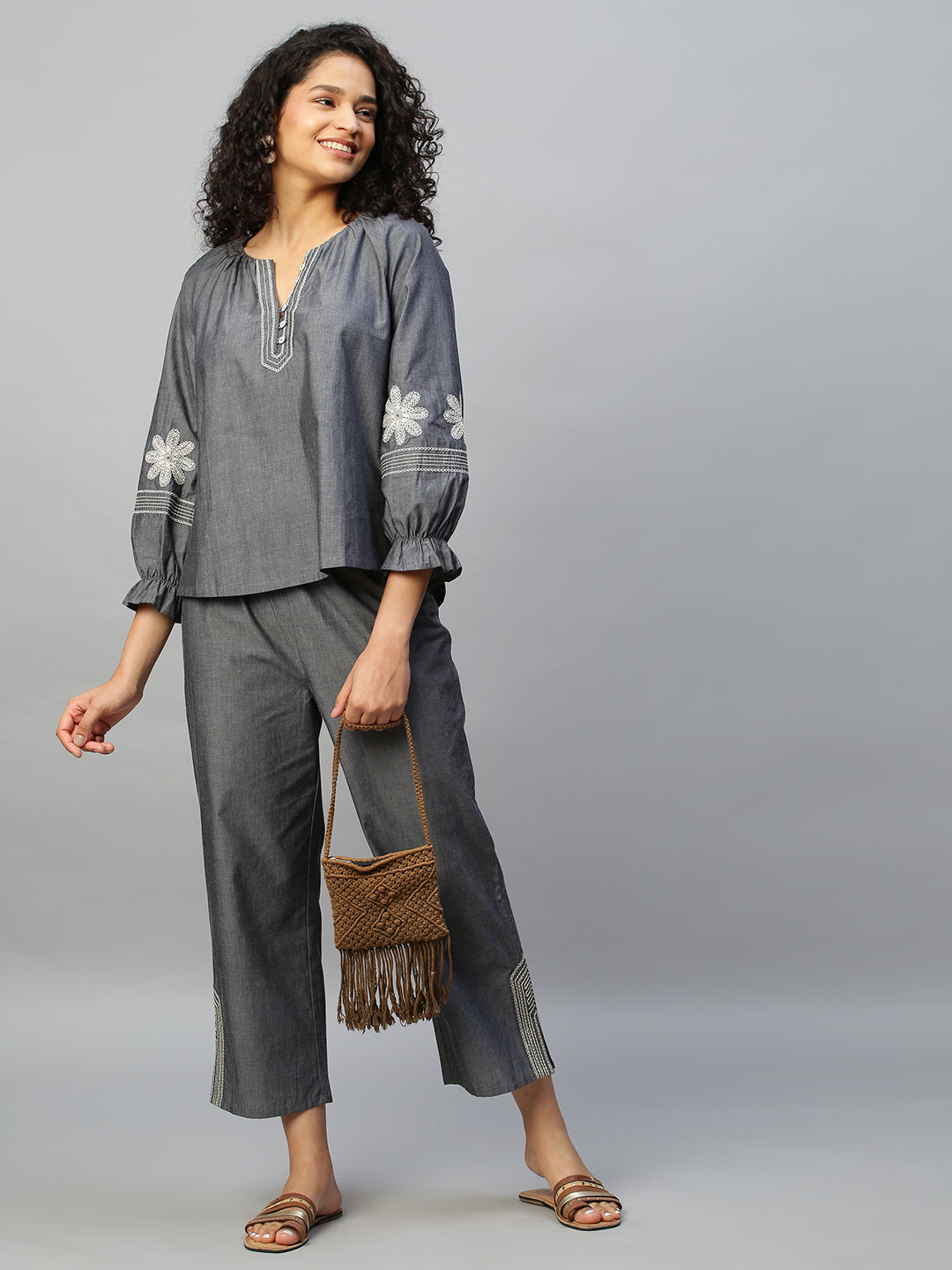 Charocoal Chambray Embroidered Tunic Top