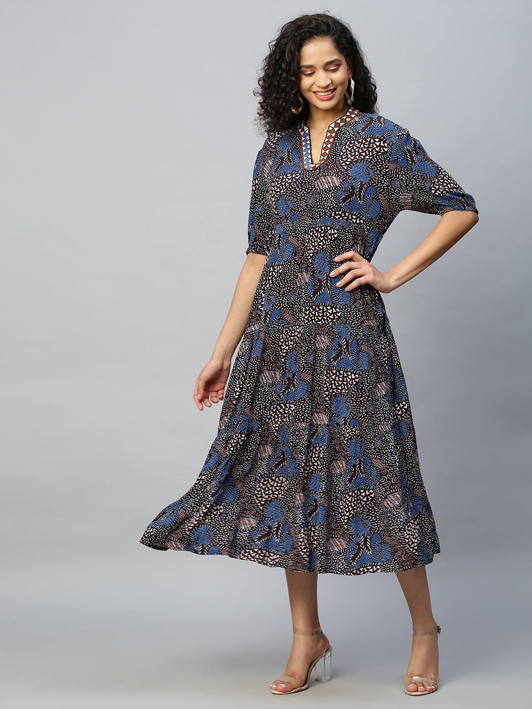 Crinkle Rayon Tiered Dress With Graphic Embroidery