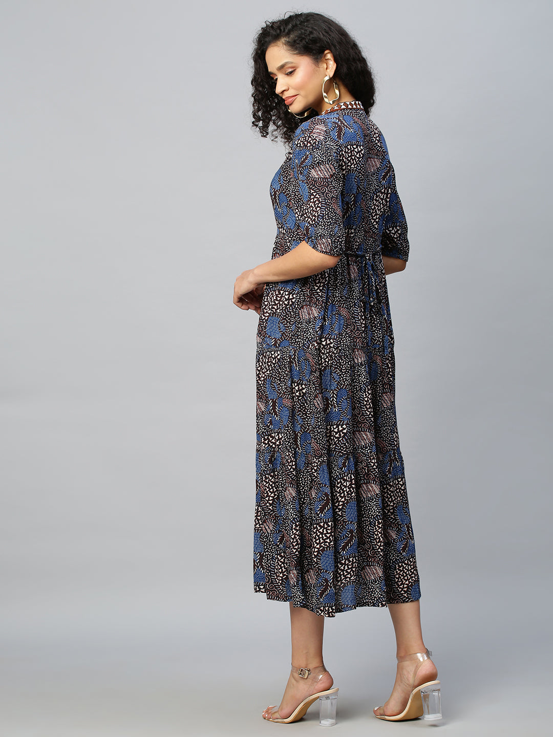 Crinkle Rayon Tiered Dress With Graphic Embroidery