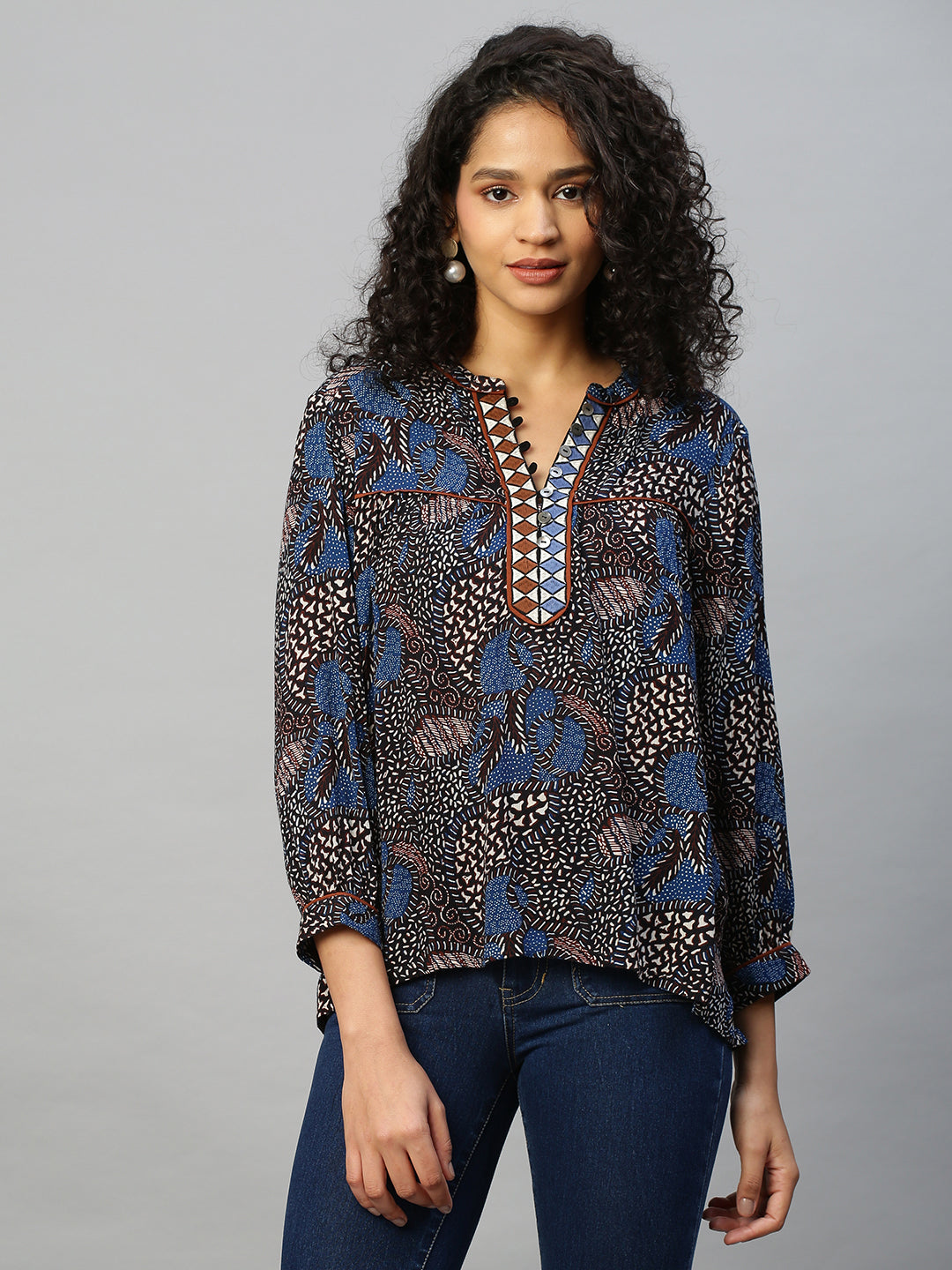 Crinkle Rayon Graphic Embroidered Tunic Top