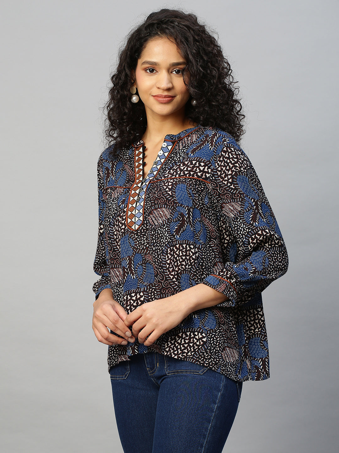 Crinkle Rayon Graphic Embroidered Tunic Top