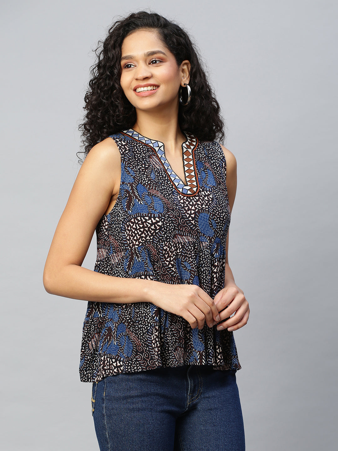 Crinkle Rayon Graphic Embroidered Tiered Top