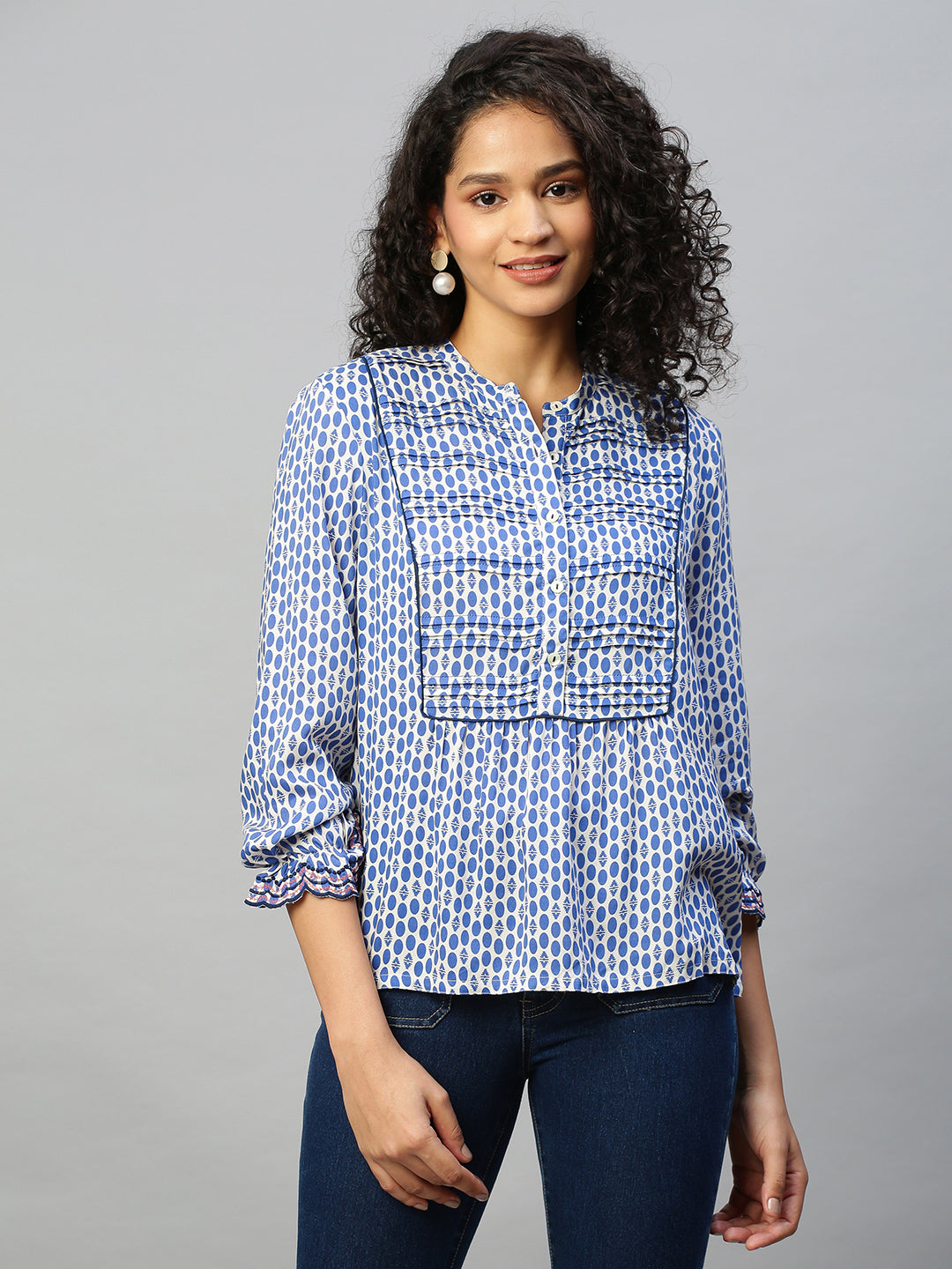 Dot Printed Rayon, Detailed Yoke Tunic Top W Scalloped Embroidered Cuff