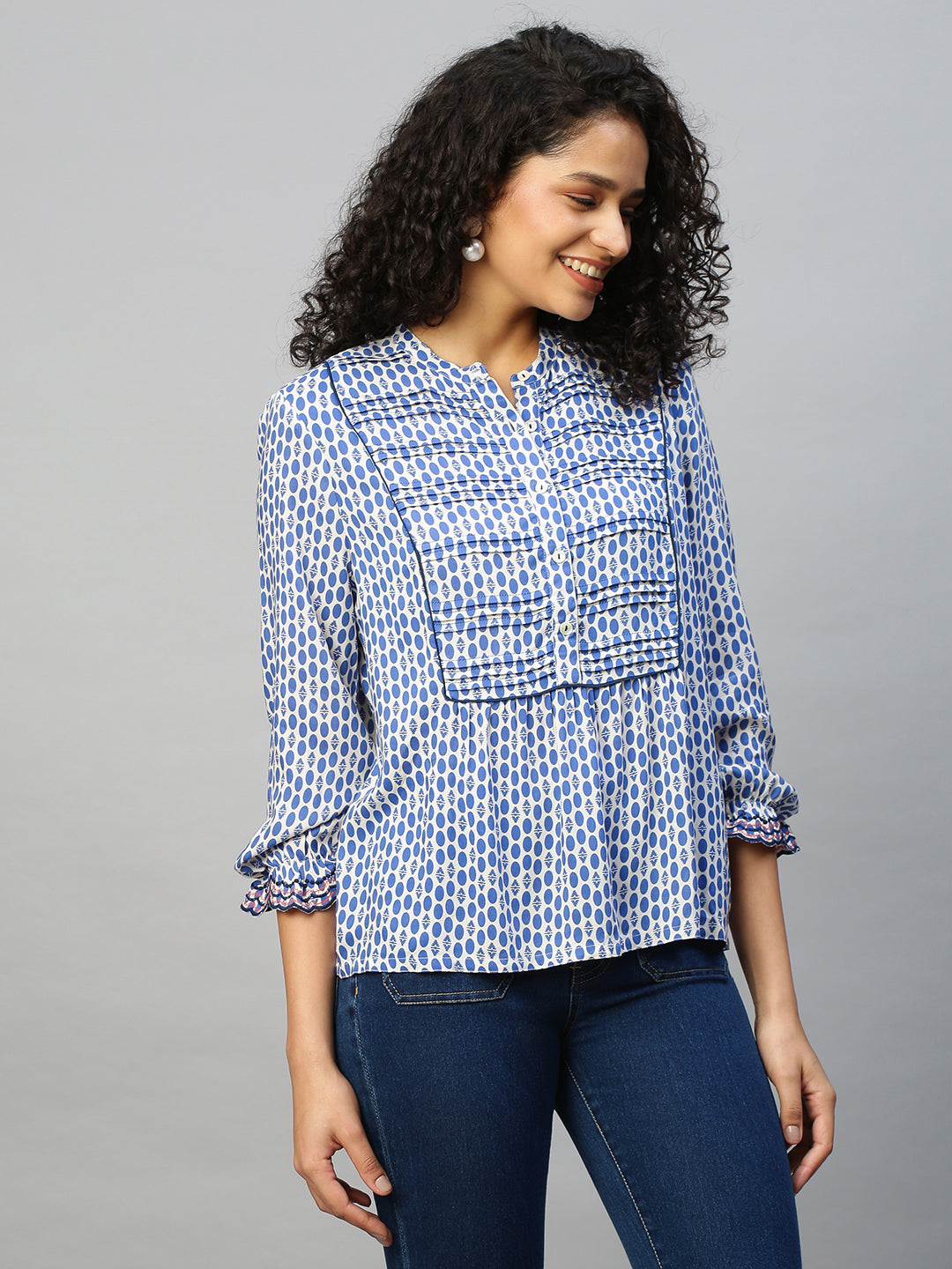 Dot Printed Rayon, Detailed Yoke Tunic Top W Scalloped Embroidered Cuff