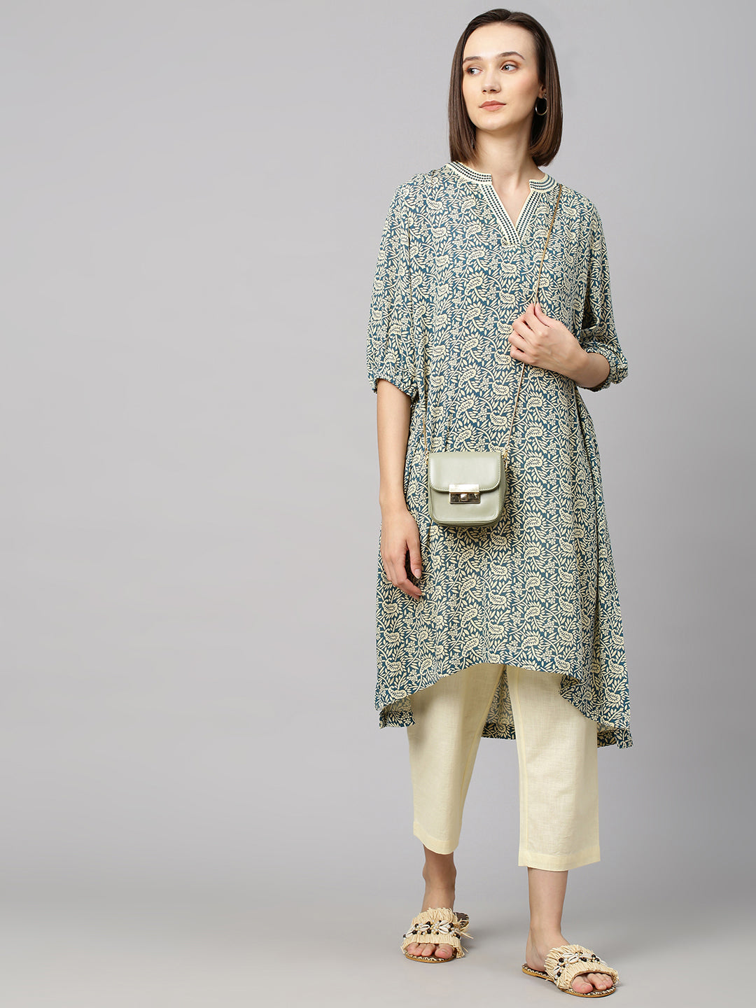 Embroidered Crinkle Rayon & Cotton Linen  Kurta Set