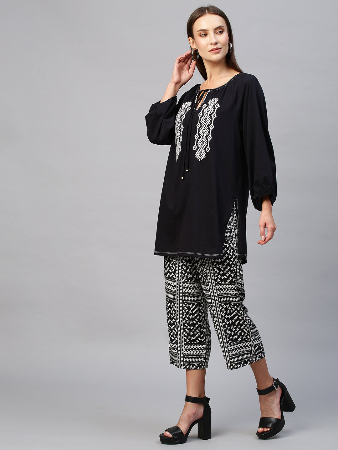 Cotton Jersey Embroidered Tunic Top With Rayon Printed Pyjama Set