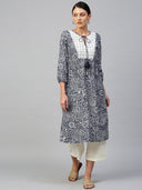 Paisley Printed Rayon & Twill Kurta Set With Guipure Lace Yoke