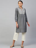 Floral Printed Chambray & Viscose Twill Embroidered Yoke Kurta Set