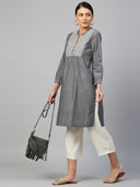 Floral Printed Chambray & Viscose Twill Embroidered Yoke Kurta Set